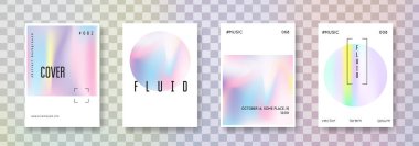 Holografik kapak seti. Soyut arka planlar. Gökkuşağı holografik örtüsü ve gradyan örgüsü. 90 'lar, 80' ler modası. Kitap, yıllık, mobil arayüz, web uygulaması için yanardöner grafik şablonu.