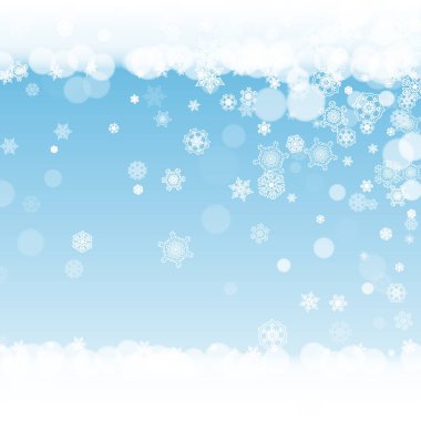Kış arka planında Noel kar taneleri. Mevsimlik kış afişleri için çerçeve, hediye kuponları, kuponlar, reklamlar, parti etkinlikleri. Mavi gökyüzü ve Noel kar taneleri. Tatil kutlaması için kar yağıyor.