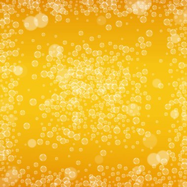 Gerçekçi baloncuklu bira arka planı. Bar ve bar tasarımı için serin sıvı içecek, afişler ve afişler. Beyaz köpüklü sarı kare bira arka planı. Bira fabrikası tasarımı için soğuk bir bardak bira..