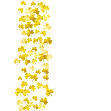 Yonca ile Aziz Patrick Günü geçmişi. Şanslı folyo konfetisi. Yonca yapraklarından parlak bir çerçeve. İlan şablonu, özel iş teklifi, tanıtım. Kelt Aziz Patrick Günü arkaplanı.