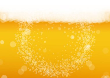El yapımı bira arka planı. Bira sıçraması. Oktoberfest köpüğü. Gerçekçi beyaz baloncuklu soğuk bira. Pab menüsü düzeni için soğuk sıvı içecek. El yapımı bira arka planlı sarı bardak..