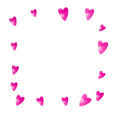 Gelin duşu arka planında pembe parıltılı kalpler var. Sevgililer Günü. Vektör konfetisi. El çizimi. Kupon için aşk teması, özel iş afişi. Yürekli düğün ve gelin duşu şablonu