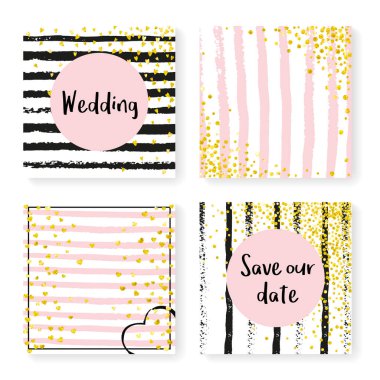 Çizgili düğün simleri konfetisi. Davetiye ayarlandı. Siyah ve pembe arka planda altın kalpler ve noktalar. Parti, etkinlik, düğün öncesi parti için parıltılı şablon, tarih kartını kaydet.