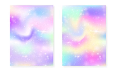 Kawaii gökkuşağı gradyanı olan prenses arkaplanı. Sihirli tek boynuzlu at hologramı. Holografik peri seti. Çok renkli fantezi kapağı. Hoş kız partisi daveti için pırıltılı ve yıldızlı prenses arkaplanı.