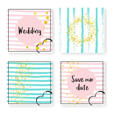 Çizgili düğün simleri konfetisi. Davetiye ayarlandı. Pembe ve nane arkaplanda altın kalpler ve noktalar. Parti, etkinlik, düğün öncesi parti için parıltılı şablon, tarih kartını kaydet.