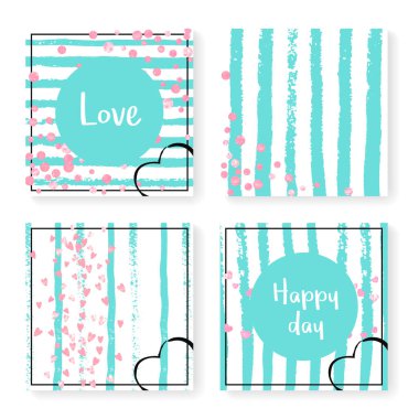 Parlak konfeti ve çizgili düğün davetiyesi. Nane ve beyaz arka planda pembe kalpler ve noktalar. Düğün davetiyesi şablonu parti, etkinlik, düğün partisi, tarih kartını kaydet.