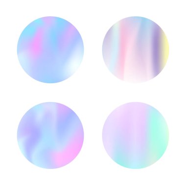 Holografik soyut arkaplanlar ayarlandı. Gradyan örgülü minimum holografik arkaplan. 90 'lar, 80' ler modası. Pankart, uçucu, kapak, mobil arayüz, web uygulaması için yanardöner grafik şablonu.