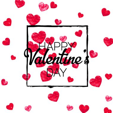 Kırmızı kalpli sevgililer günü kartı mı? 14 Şubat. Sevgililer Günü kartı şablonu için vektör konfetisi. Grunge el çizimi dokusu. Hediye kuponları, kuponlar, reklamlar, etkinlikler için aşk teması.