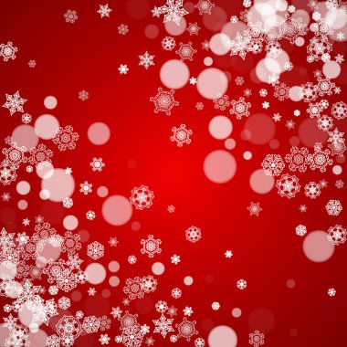 Kırmızı arka planda Noel kar taneleri. Mevsimlik kış afişleri için çerçeve, hediye kuponları, kuponlar, reklamlar, parti etkinlikleri. Noel Baba renkleri ve Noel kar taneleri. Tatil kutlaması için kar yağıyor.