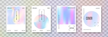 Holografik kapak seti. Soyut arka planlar. Gradyan örgülü renkli holografik kapak. 90 'lar, 80' ler modası. Pankart, sunum, afiş, broşür için Pearlescent grafik şablonu.