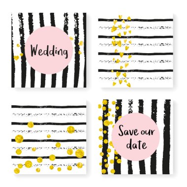 Çizgili düğün simleri konfetisi. Davetiye ayarlandı. Siyah ve beyaz arka planda altın kalpler ve noktalar. Parti, etkinlik, gelin partisi için düğün simli tasarım, tarih kartını kaydet.