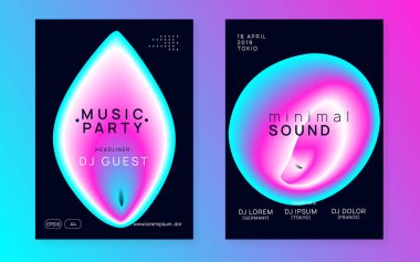 Müzik afişi. Elektronik ses. Gece dansı yaşam tarzı tatili. Soyut disko broşür tasarımı. Akışkan holografik gradyan şekil ve çizgi. Yaz festivali ilanı ve müzik afişi..