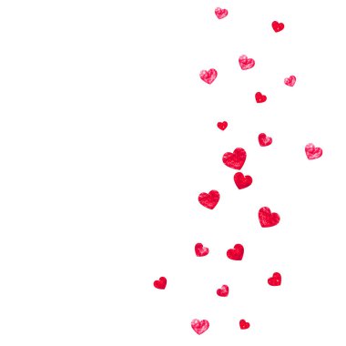 Sevgililer günü için kırmızı parıltılı kalp çerçevesi. 14 Şubat günü. Kalp şablonu için vektör konfetisi. Grunge el çizimi dokusu. Hediye kuponları, kuponlar, reklamlar, etkinlikler için aşk teması.