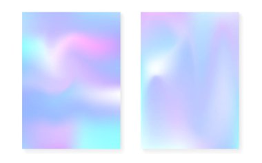 Holografik gradyan ile Pearlescent arkaplan. Hologram örtüsü hazır. 90 'lar, 80' ler modası. Broşür, poster, afiş, mobil uygulama için grafik şablonu. Fütürist inci arkaplan seti.