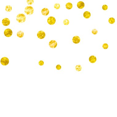 Arkaplanda noktalar olan altın parıltısı konfetileri. Parıltı ve parıltıyla düşen pullar. Parti daveti için altın parıltılı konfeti şablonu, gelin duşu ve davetiye kaydet.