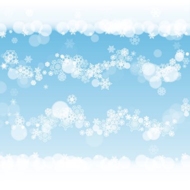 Kış arka planında Noel kar taneleri. Mevsimlik kış afişleri için çerçeve, hediye kuponları, kuponlar, reklamlar, parti etkinlikleri. Mavi gökyüzü ve Noel kar taneleri. Tatil kutlaması için kar yağıyor.