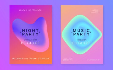 Müzik afişi. Akışkan holografik gradyan şekil ve çizgi. Kadınsı elektro olay örtüsü şablonu. Elektronik ses. Gece dansı yaşam tarzı tatili. Yaz festivali ilanı ve müzik afişi..