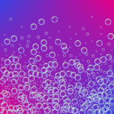 Arkaplanda sabun köpüğü var. Gerçekçi su kabarcıkları 3 boyutlu. Şampuan köpüklü serin gökkuşağı renkli sıvı köpük. Kozmetik broşür ve davetiye. Banyo ve duş için sabun. Vektör EPS10.