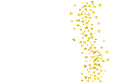 Aziz Patrick Günü için yem arkaplanı. Şanslı folyo konfetisi. Yonca yapraklarından parlak bir çerçeve. Parti davetiyesi, perakende satış teklifi ve ilan için şablon. Mutlu yonca arka planı.