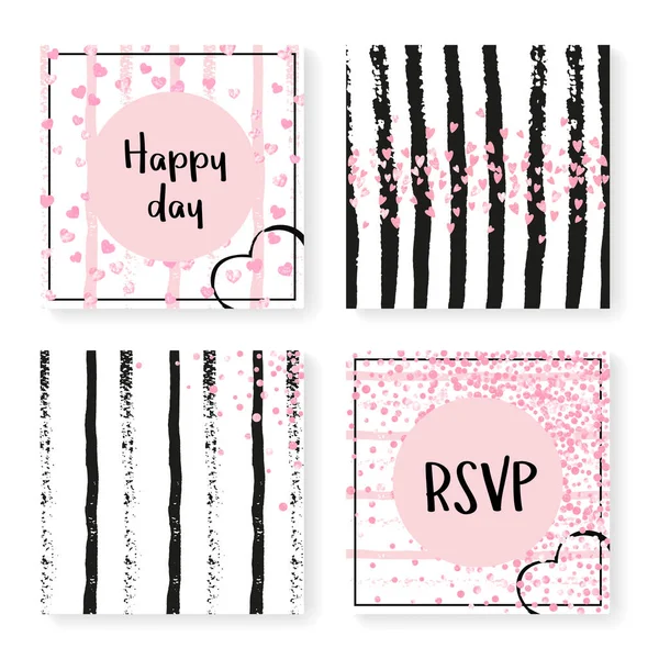Wedding Confetti Stripes Invitation Set Pink Hearts Dots Black Pink — Stock Vector