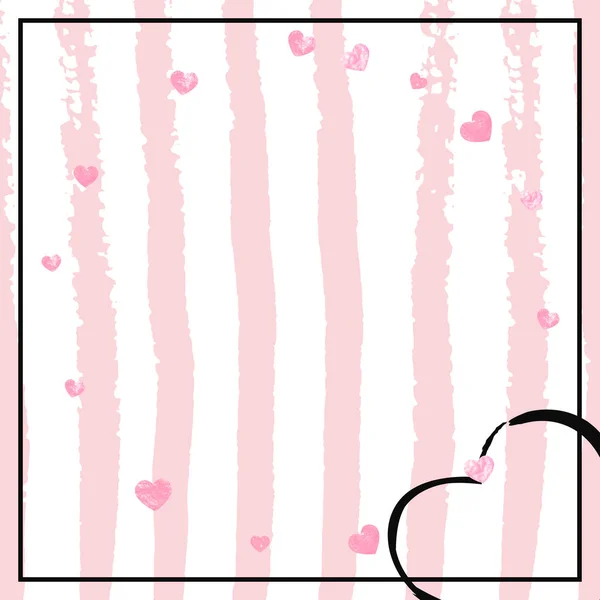 ピンクの輝きの心は白い縞で告白します キラキラと輝くランダムな落下スパンコール パーティー招待状 ブライダルシャワー 日付招待状を保存するためのピンクの輝きの心を持つテンプレート — ストックベクタ