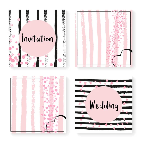 Rayures Mariage Avec Confettis Aux Paillettes Invitation Prête Coeurs Points — Image vectorielle