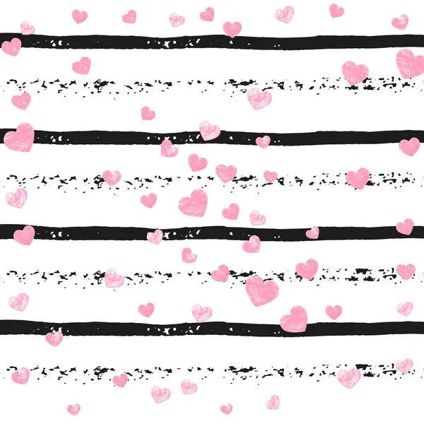 Рожевий Блиск Сердечками Чорних Смужках Падаючі Блискітки Металевим Мерехтінням Шаблон — стоковий вектор