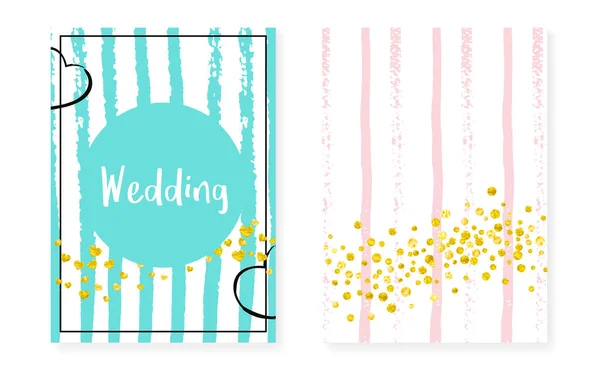 Tarjetas Brillo Dorado Con Puntos Lentejuelas Conjunto Invitación Boda Ducha — Vector de stock