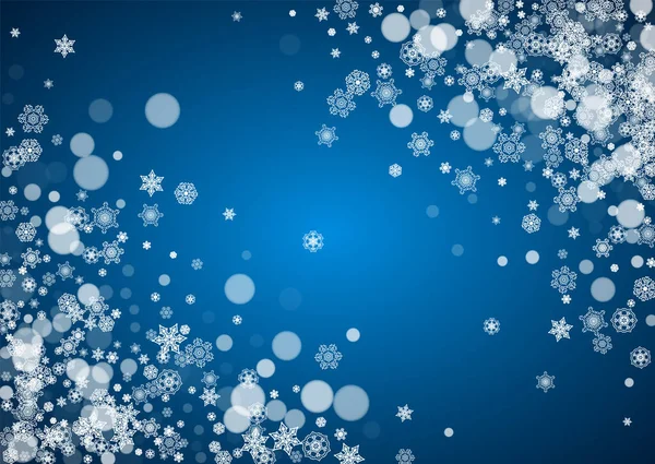 蓝色背景的新年雪花 横向冬季主题 圣诞节和新年降雪 季节性销售 派对邀请函 白霜白雪 — 图库矢量图片