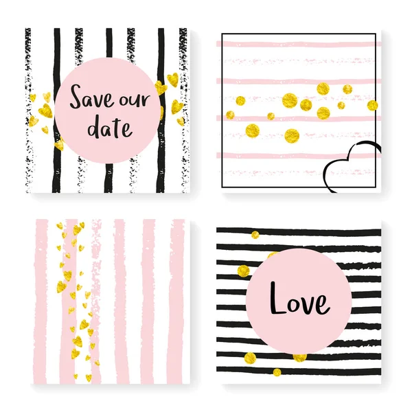 Wedding Confetti Stripes Invitation Set Gold Hearts Dots Black Pink — Stock Vector