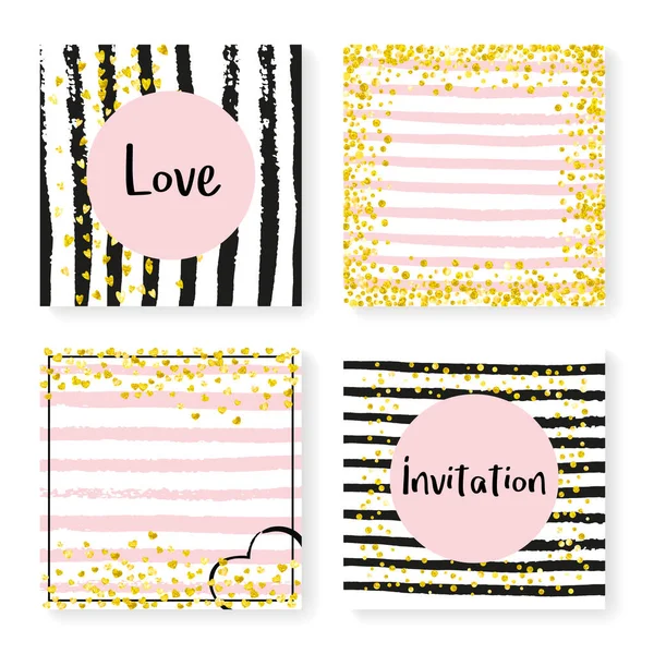 Wedding Invite Set Glitter Confetti Stripes Gold Hearts Dots Black — Stock Vector