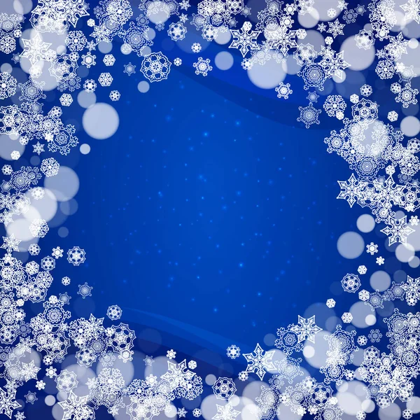 Marco Copos Nieve Sobre Fondo Azul Con Destellos Feliz Navidad — Vector de stock