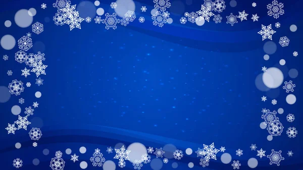 Copos Nieve Navidad Sobre Fondo Azul Con Destellos Marco Horizontal — Archivo Imágenes Vectoriales