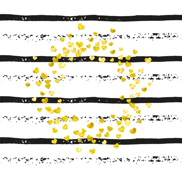 Arany Csillogó Szív Konfetti Fekete Csíkon Csillogó Véletlenszerűen Hulló Flitterek — Stock Vector