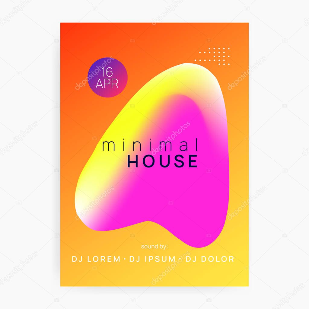 Music flyer. Futuristic house party cover layout. Electronic sound. Night dance lifestyle holiday. Fluid holographic gradient shape and line. Poster for summer fest and music flyer.