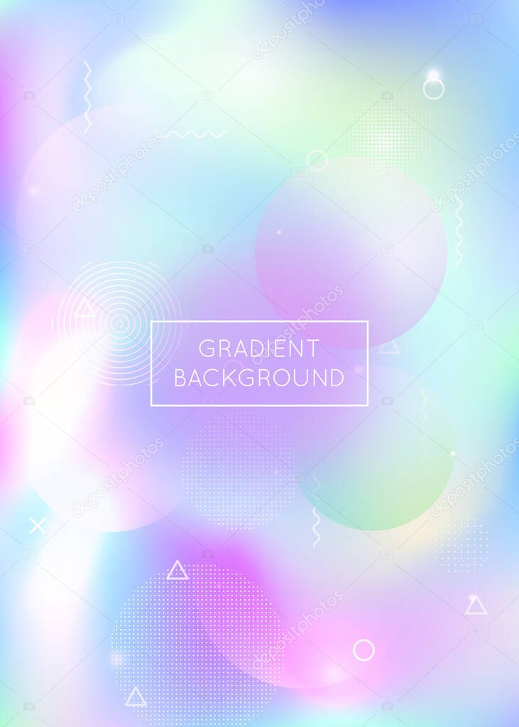 Dynamic shape background with liquid fluid. Holographic bauhaus gradient with memphis elements. Graphic template for flyer, ui, magazine, poster, banner and app. Spectrum dynamic shape background.
