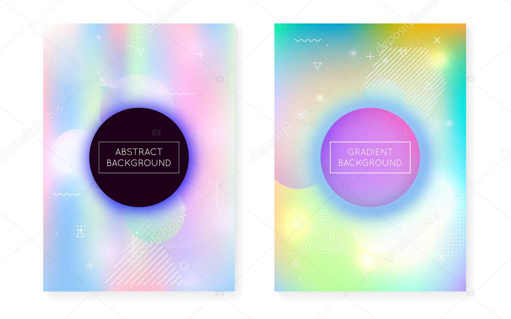 Dynamic shape background with liquid fluid. Holographic bauhaus gradient with memphis cover. Graphic template for flyer, ui, magazine, poster, banner and app. Futuristic dynamic shape background.