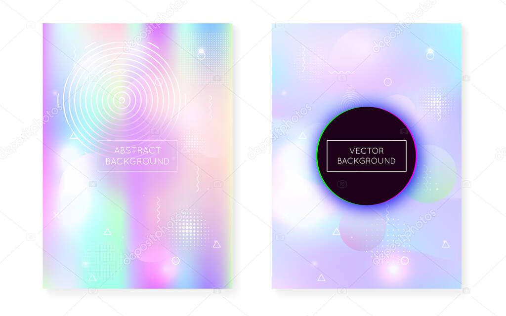 Dynamic shape background with liquid fluid. Holographic bauhaus gradient with memphis cover. Graphic template for book, annual, mobile interface, web app. Colorful dynamic shape background.