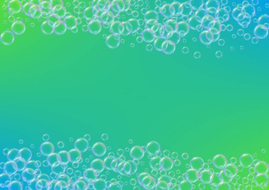 Sabun köpüğü. Deterjan banyosu köpüğü ve küvet için köpük. Şampuan. Parlak köpürme ve sıçrama. Gerçekçi su çerçevesi ve sınır. 3d vektör illüstrasyonu. Yeşil renkli sıvı sabun köpüğü.