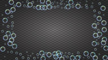 Köpük köpüğü. Küvet için deterjan köpüğü ve sabun. Şampuan. 3d vektör illüstrasyon düzeni. Çok az köpürme ve sıçrama. Gerçekçi su çerçevesi ve sınır. İzole edilmiş renkli sıvı köpükler..