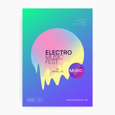 Müzik broşürü. Parlak Tekno konser davetiye şablonu. Elektronik ses. Gece dansı yaşam tarzı tatili. Akışkan holografik gradyan şekil ve çizgi. Yaz festivali ve müzik broşürü posteri..