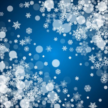 Mavi arka planda soğuk kar taneleri olan yeni yıl çerçevesi. Kış penceresi. Hediye çekleri, reklamlar, afişler, el ilanları, satış teklifleri, etkinlik davetiyeleri için Noel ve Yeni Yıl çerçevesi. Kar yağıyor ve bokeh