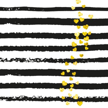 Siyah çizgili altın parıltılı konfeti. Metalik pırıltısıyla düşen pullar. Parti davetiyesi, afiş, afiş, doğum günü kartı için altın parıltılı konfeti tasarımı.