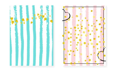 Noktalı ve pullu altın renkli kartlar. Düğün ve düğün davetiyesi konfeti ile ayarlandı. Dikey çizgili arka plan. Parti, etkinlik için klasik altın sim kartları, tarih ilanını kaydet.