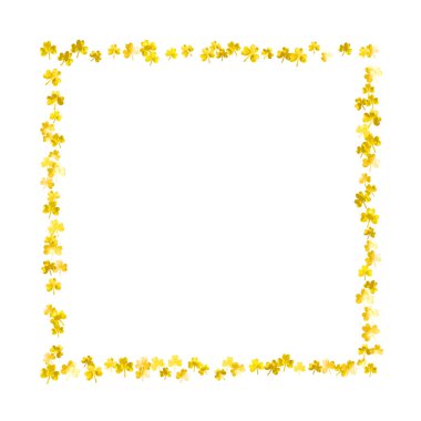 Aziz Patrick Günü geçmişi yoncalı. Şanslı folyo konfetisi. Yonca yapraklarından parlak bir çerçeve. Özel iş teklifi şablonu, afiş, broşür. Dekoratif Aziz Patrick Günü arkaplanı.