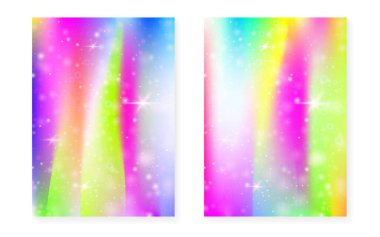 Kawaii Prenses Gradient ile gökkuşağı arka planı. Sihirli tek boynuzlu at hologramı. Holografik peri seti. Canlı bir fantezi kapağı. Parıltılı gökkuşağı arkaplanı ve güzel kız partisi daveti için yıldızlar.