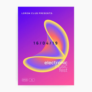 Yaz müziği. Akışkan holografik gradyan şekil ve çizgi. Elektronik ses. Gece dansı yaşam tarzı tatili. Modern disko kapak şablonu. Yaz müziği için afiş ve broşür.
