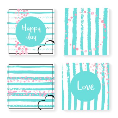 Parlak konfeti ve çizgili düğün davetiyesi. Nane ve beyaz arka planda pembe kalpler ve noktalar. Düğün davetiyeli tasarım parti, etkinlik, düğün partisi, tarih kartı kaydet.