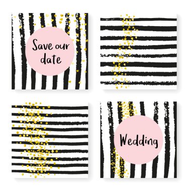 Parlak konfetiyle düğün çizgileri. Davetiye ayarlandı. Siyah ve beyaz arka planda altın kalpler ve noktalar. Parti, etkinlik, düğün öncesi parti için çizgili şablon, tarih kartını kaydet.