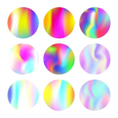 Holografik soyut arkaplanlar ayarlandı. Gradyan örgülü minimum holografik arkaplan. 90 'lar, 80' ler modası. Pankart, el ilanı, kapak, mobil arayüz, web uygulaması için Pearlescent grafik şablonu.